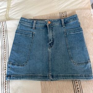 High-Rise Blue Denim Mini Skirt with Front Patch Pockets